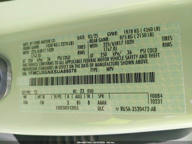 44677442 :رقم المزاد ، 1FMCU0GNXSUA88078 vin ، 2025 Ford Escape Active مزاد بيع
