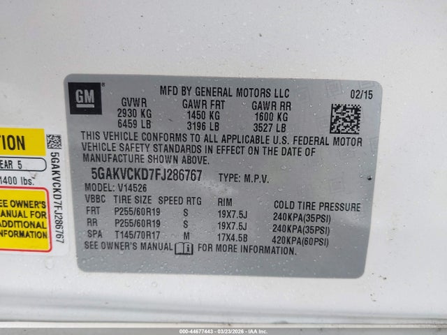 2015 Buick Enclave Premium მანქანა იყიდება აუქციონზე, vin: 5GAKVCKD7FJ286767, აუქციონის ნომერი: 44677443