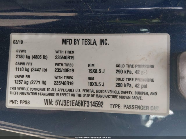44677449 :رقم المزاد ، 5YJ3E1EA5KF314592 vin ، 2019 Tesla Model 3 Long Range/mid Range/standard Range/standard Range Plus مزاد بيع