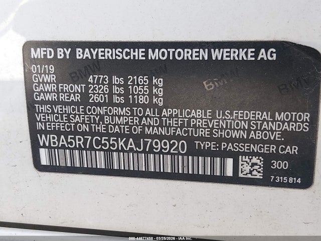 44677458 :رقم المزاد ، WBA5R7C55KAJ79920 vin ، 2019 Bmw 330i Xdrive مزاد بيع