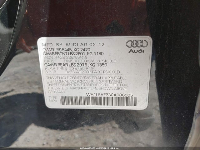 Aukcja sprzedaży 2012 Audi Q5 2.0t Premium, vin: WA1LFAFP3CA086905, numer aukcji: 44677475