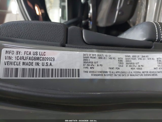 Aukcja sprzedaży 2021 Jeep Grand Cherokee Freedom 4x4, vin: 1C4RJFAG6MC809929, numer aukcji: 44677479