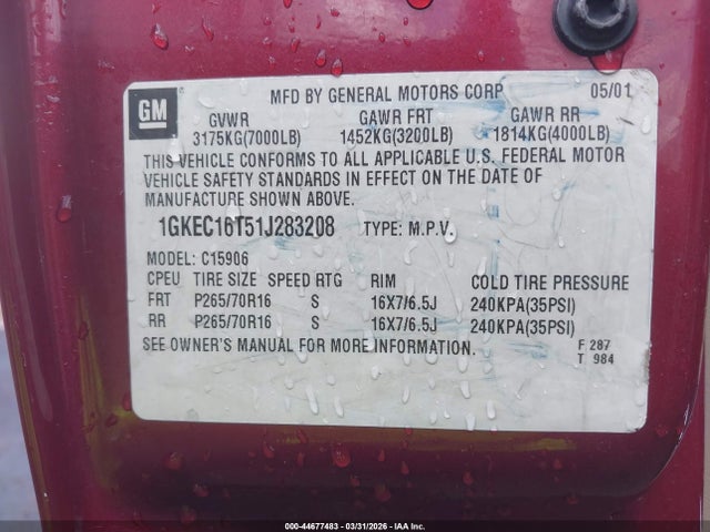 44677483 :رقم المزاد ، 1GKEC16T51J283208 vin ، 2001 Gmc Yukon Xl 1500 Slt مزاد بيع