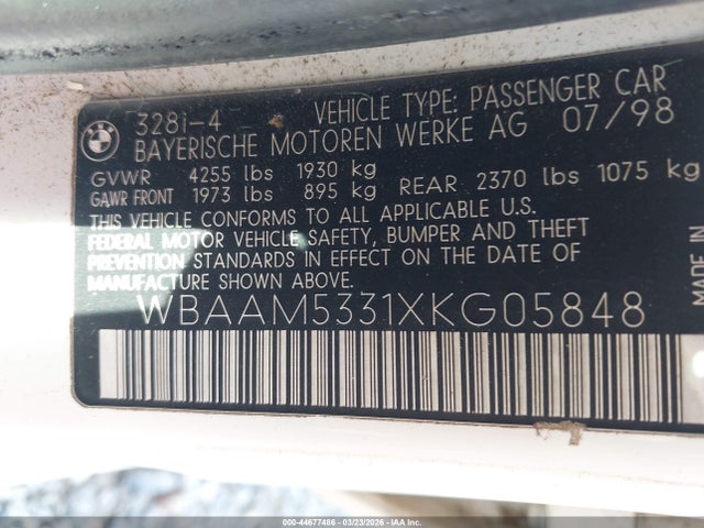 44677486 :رقم المزاد ، WBAAM5331XKG05848 vin ، 1999 Bmw 328i مزاد بيع