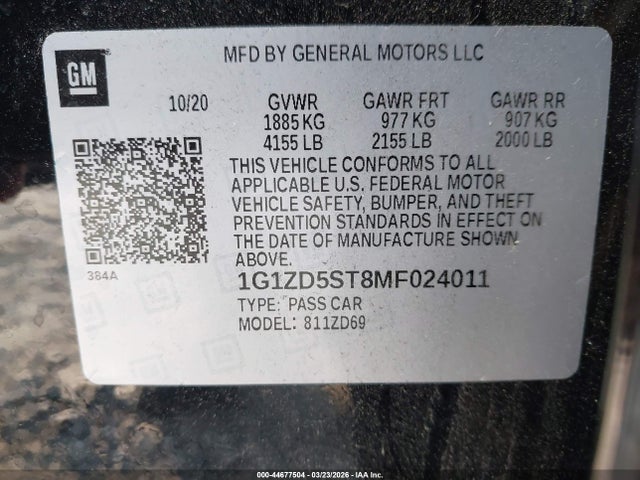 44677504 :رقم المزاد ، 1G1ZD5ST8MF024011 vin ، 2021 Chevrolet Malibu Fwd Lt مزاد بيع