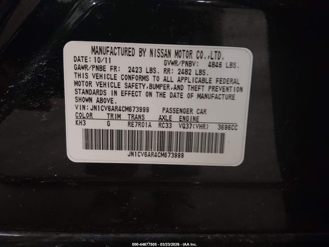 44677505 :رقم المزاد ، JN1CV6AR4CM673999 vin ، 2012 Infiniti G37x مزاد بيع