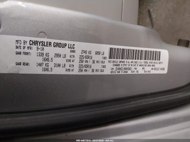 44677514 :رقم المزاد ، 2D4RN5D18AR458811 vin ، 2010 Dodge Grand Caravan Sxt مزاد بيع