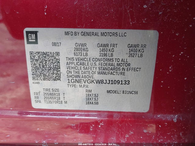 1GNEVGKW8JJ109133 Chevrolet Traverse 1lt