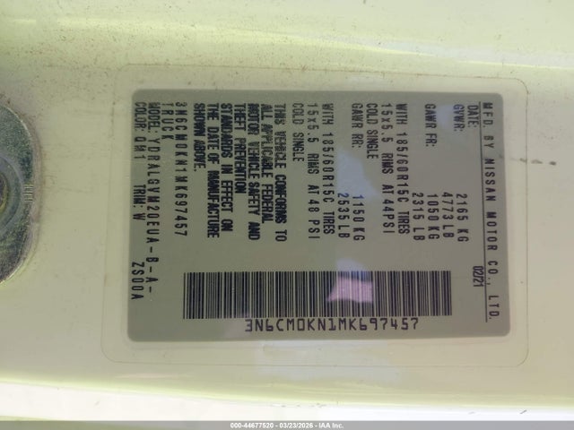 Aukcja sprzedaży 2021 Nissan Nv200  Cargo Sv Xtronic Cvt, vin: 3N6CM0KN1MK697457, numer aukcji: 44677520