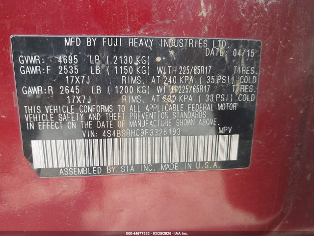 Продаж на аукціоні авто 2015 Subaru Outback 2.5i Premium, vin: 4S4BSBHC9F3328193, номер лоту: 44677523