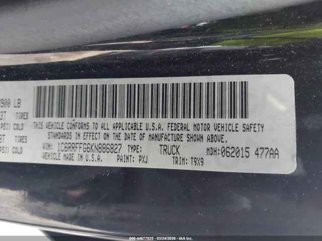 Aukcja sprzedaży 2019 Ram 1500 Big Horn/lone Star  4x4 5'7 Box, vin: 1C6RRFFG6KN886827, numer aukcji: 44677525