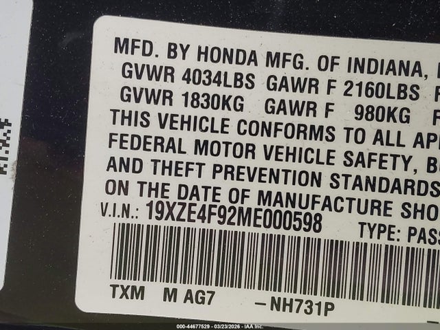 Aukcja sprzedaży 2021 Honda Insight Touring, vin: 19XZE4F92ME000598, numer aukcji: 44677529