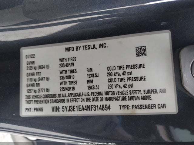 Продажа на аукционе авто 2022 Tesla Model 3 Rear-wheel Drive, vin: 5YJ3E1EA4NF314894, номер лота: 44677532