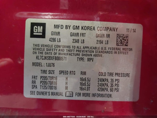 KL7CJKSBXFB088571 Chevrolet Trax 1ls