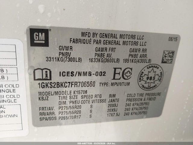 Aukcja sprzedaży 2015 Gmc Yukon Slt, vin: 1GKS2BKC7FR706560, numer aukcji: 44677536