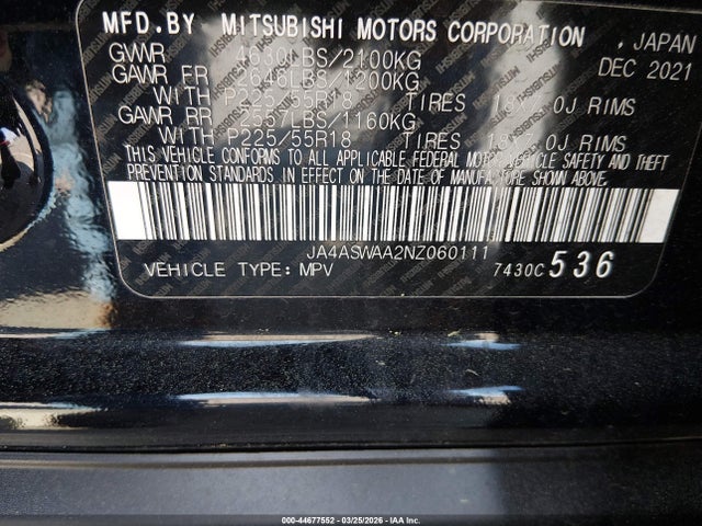 Продаж на аукціоні авто 2022 Mitsubishi Eclipse Cross Se/se Special Edition/sel/sel Special Edition, vin: JA4ASWAA2NZ060111, номер лоту: 44677552