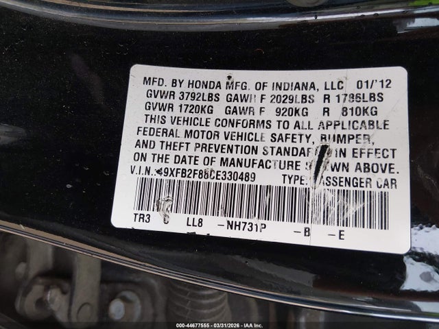 2012 Honda Civic Ex მანქანა იყიდება აუქციონზე, vin: 19XFB2F86CE330489, აუქციონის ნომერი: 44677555