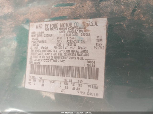 44677568 :رقم المزاد ، 4F4YR12C01TM12142 vin ، 2001 Mazda B2300 Se/sx مزاد بيع