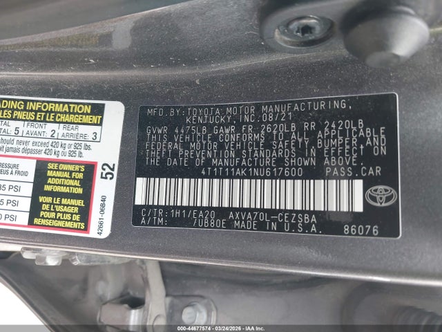 2022 Toyota Camry Se მანქანა იყიდება აუქციონზე, vin: 4T1T11AK1NU617600, აუქციონის ნომერი: 44677574