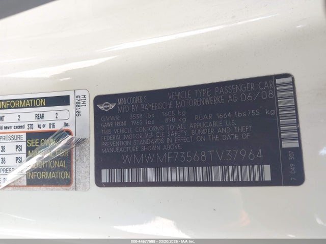 2008 MINI COOPER S WMWMF73568TV37964 Photo 8