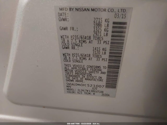 Aukcja sprzedaży 2015 Infiniti Qx60, vin: 5N1AL0MN3FC521007, numer aukcji: 44677590
