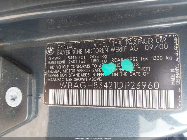 2001 BMW 740IL WBAGH83421DP23960 Photo 8