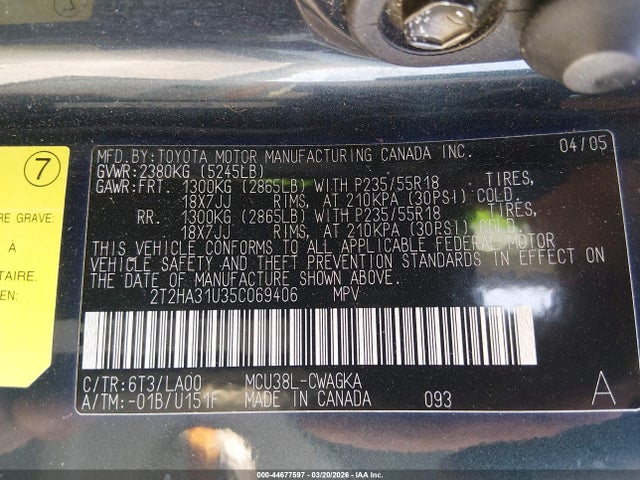 44677597 :رقم المزاد ، 2T2HA31U35C069406 vin ، 2005 Lexus Rx 330 مزاد بيع