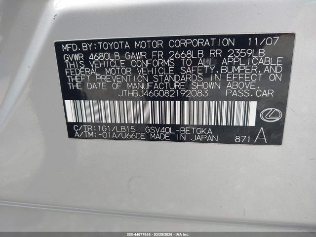 44677648 :رقم المزاد ، JTHBJ46G082192083 vin ، 2008 Lexus Es 350 مزاد بيع