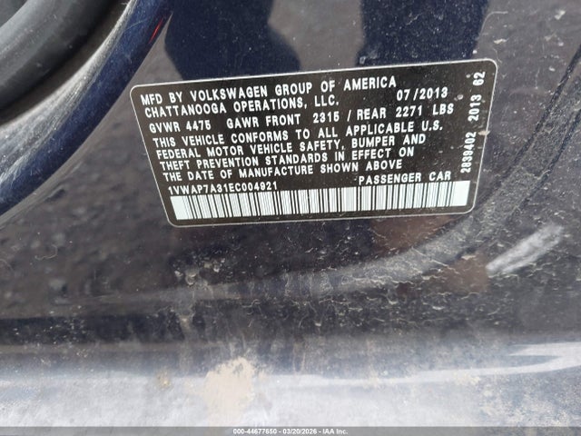 Продажа на аукционе авто 2014 Volkswagen Passat 2.5l S, vin: 1VWAP7A31EC004921, номер лота: 44677650