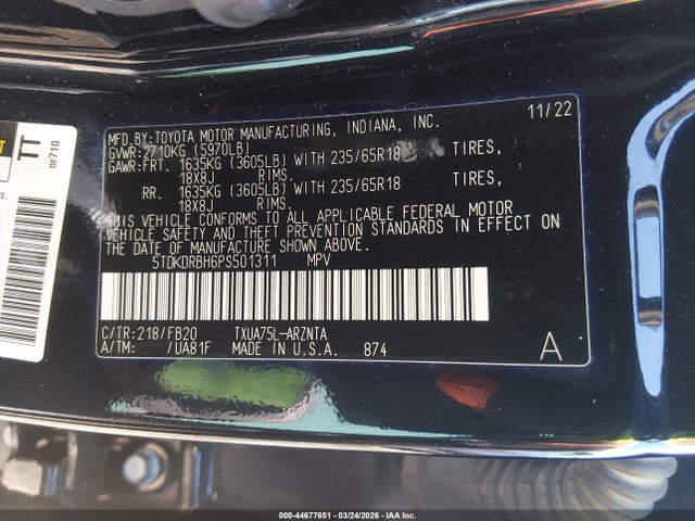 5TDKDRBH6PS501311 Toyota Highlander Le