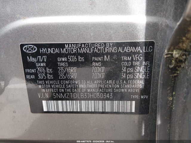 44677670 :رقم المزاد ، 5NMZTDLB3JH060343 vin ، 2018 Hyundai Santa Fe Sport 2.4l مزاد بيع