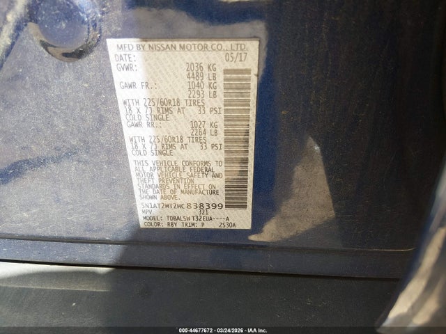 44677672 :رقم المزاد ، 5N1AT2MT2HC838399 vin ، 2017 Nissan Rogue Sl مزاد بيع
