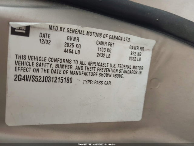 Продажа на аукционе авто 2003 Buick Century Custom, vin: 2G4WS52J031215180, номер лота: 44677673