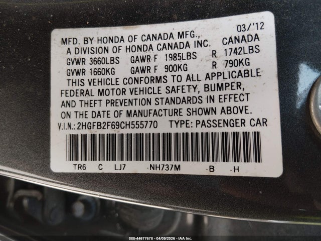 Продажа на аукционе авто 2012 Honda Civic Hf, vin: 2HGFB2F69CH555770, номер лота: 44677678