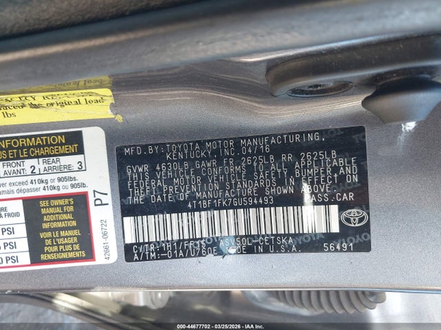 Продажа на аукционе авто 2016 Toyota Camry Se, vin: 4T1BF1FK7GU594493, номер лота: 44677702