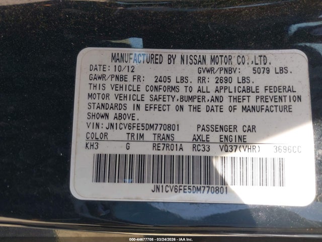 2013 Infiniti G37 მანქანა იყიდება აუქციონზე, vin: JN1CV6FE5DM770801, აუქციონის ნომერი: 44677708