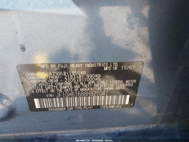 Продажа на аукционе авто 2008 Subaru Impreza 2.5i, vin: JF1GH61688H821041, номер лота: 44677721
