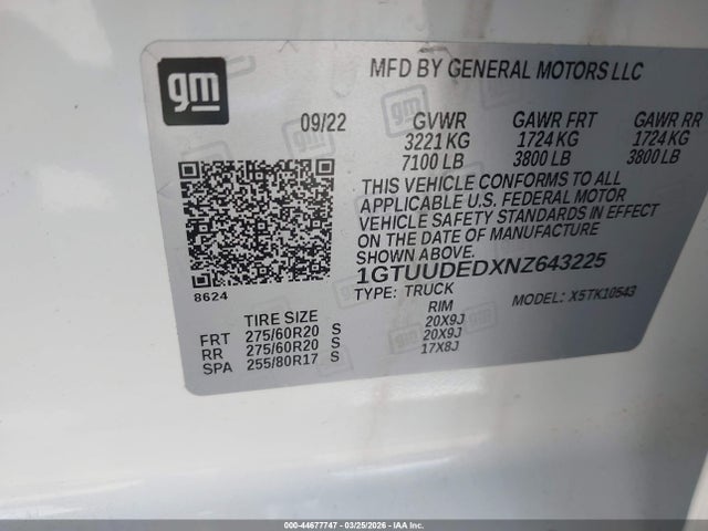 Aukcja sprzedaży 2022 Gmc Sierra 1500 4wd  Short Box Slt, vin: 1GTUUDEDXNZ643225, numer aukcji: 44677747