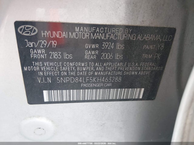 2019 Hyundai Elantra Sel მანქანა იყიდება აუქციონზე, vin: 5NPD84LF5KH463288, აუქციონის ნომერი: 44677758