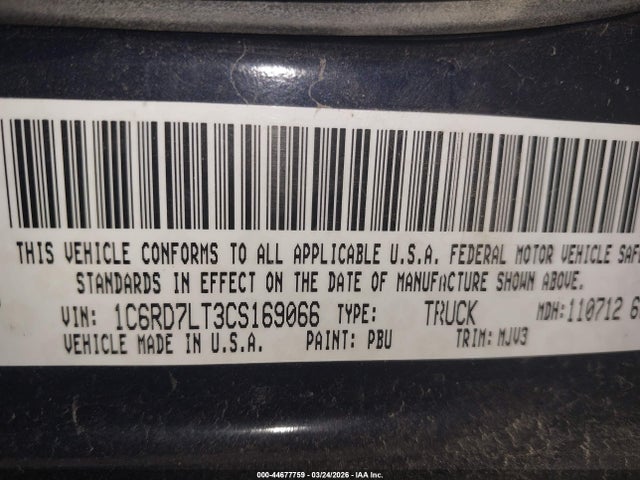 44677759 :رقم المزاد ، 1C6RD7LT3CS169066 vin ، 2012 Ram 1500 Slt مزاد بيع