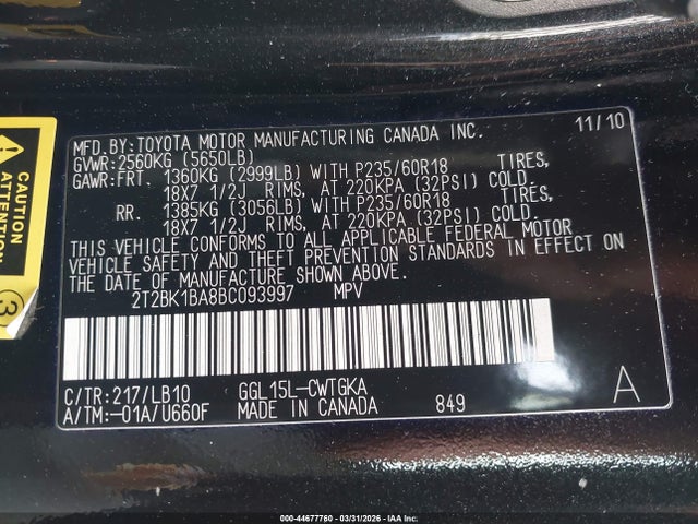 44677760 :رقم المزاد ، 2T2BK1BA8BC093997 vin ، 2011 Lexus Rx 350 مزاد بيع