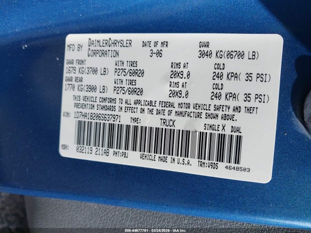 Aukcja sprzedaży 2006 Dodge Ram 1500 Slt, vin: 1D7HA18206S637971, numer aukcji: 44677761