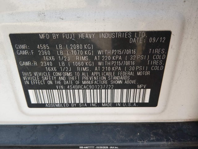 2013 Subaru Outback 2.5i მანქანა იყიდება აუქციონზე, vin: 4S4BRCAC9D1237722, აუქციონის ნომერი: 44677777