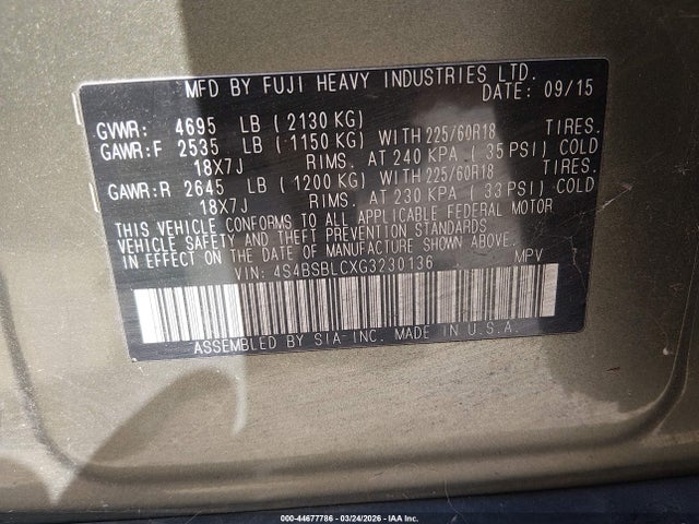 44677786 :رقم المزاد ، 4S4BSBLCXG3230136 vin ، 2016 Subaru Outback 2.5i Limited مزاد بيع