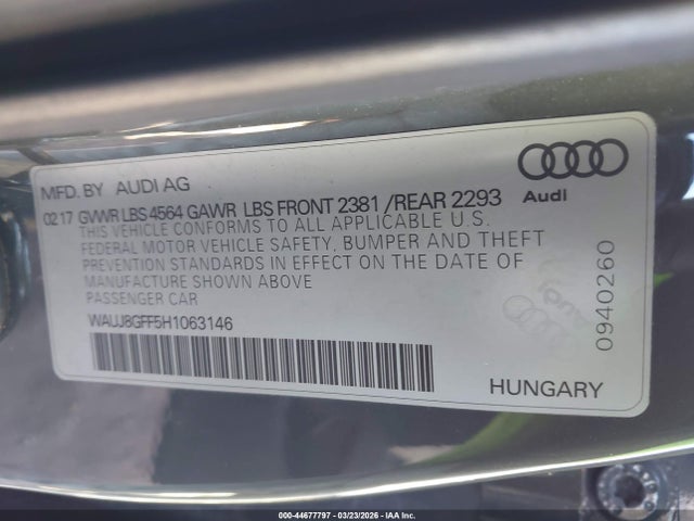 Aukcja sprzedaży 2017 Audi A3 2.0t Premium, vin: WAUJ8GFF5H1063146, numer aukcji: 44677797