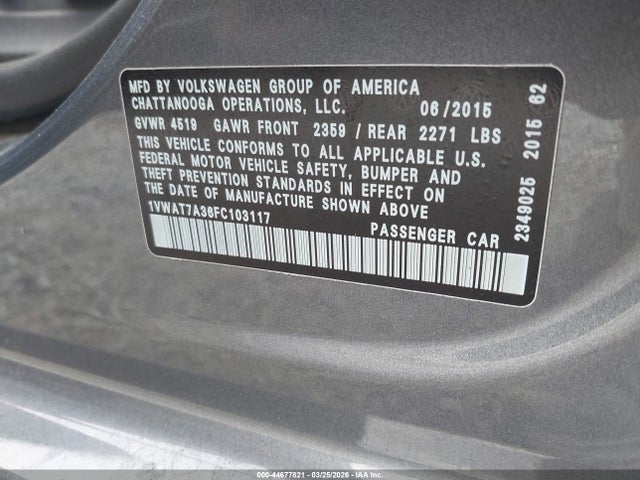 44677821 :رقم المزاد ، 1VWAT7A36FC103117 vin ، 2015 Volkswagen Passat 1.8t Limited Edition مزاد بيع