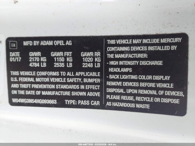44677830 :رقم المزاد ، W04WG3N54HG093663 vin ، 2017 Buick Cascada مزاد بيع