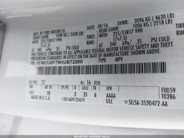 1FMCU0F79HUB72260 Ford ESCAPE S