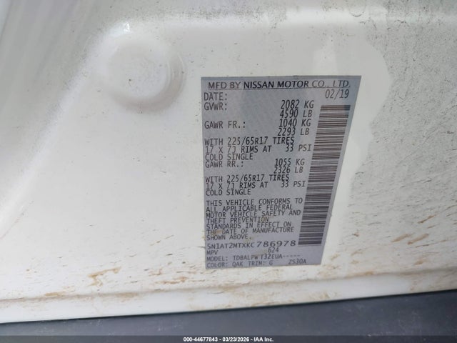 44677843 :رقم المزاد ، 5N1AT2MTXKC786978 vin ، 2019 Nissan Rogue S مزاد بيع