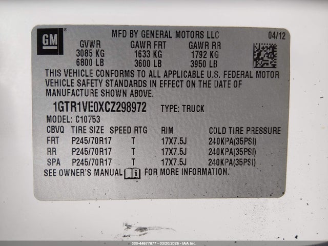 44677877 :رقم المزاد ، 1GTR1VE0XCZ298972 vin ، 2012 Gmc Sierra 1500 Sle مزاد بيع